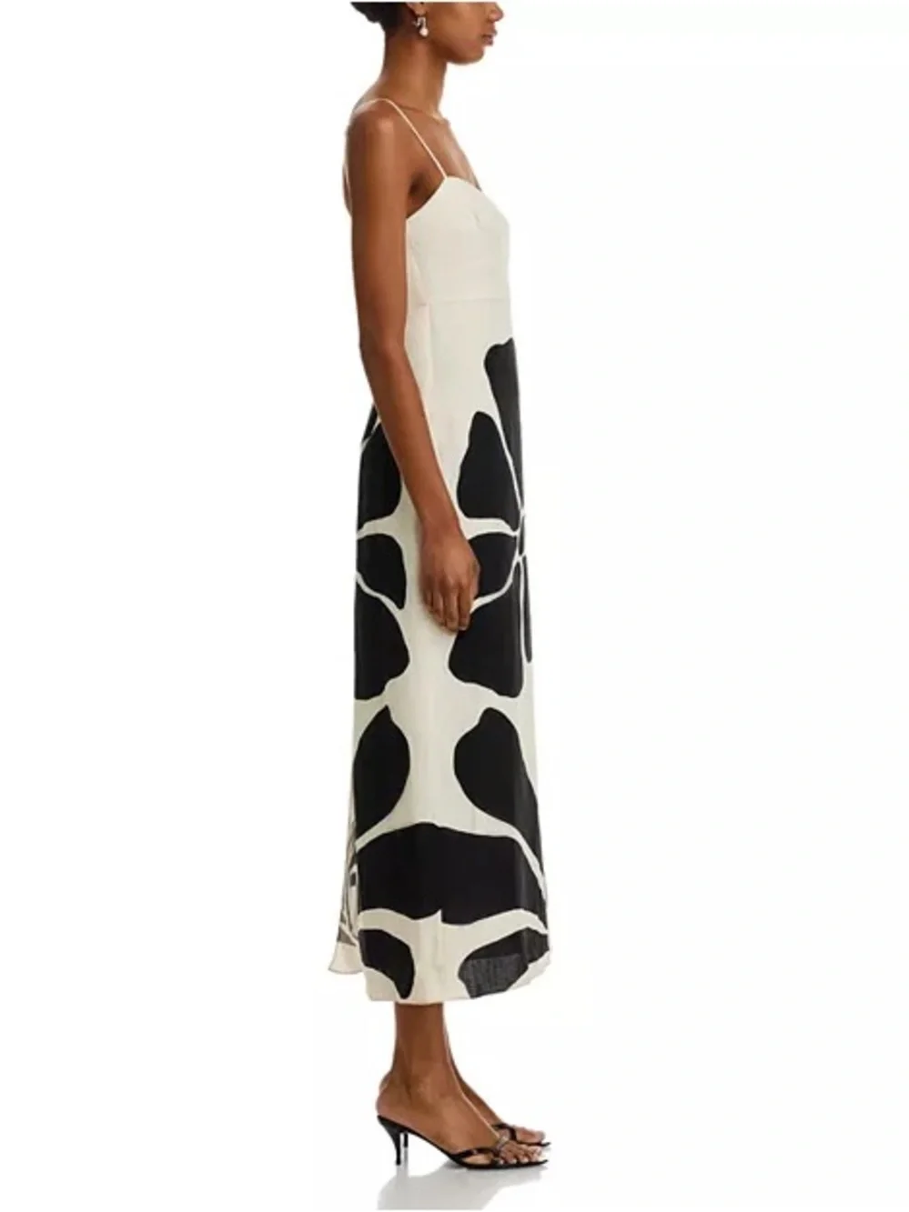 Cream Midi Dress with Bold Black Floral Print and Spaghetti Straps